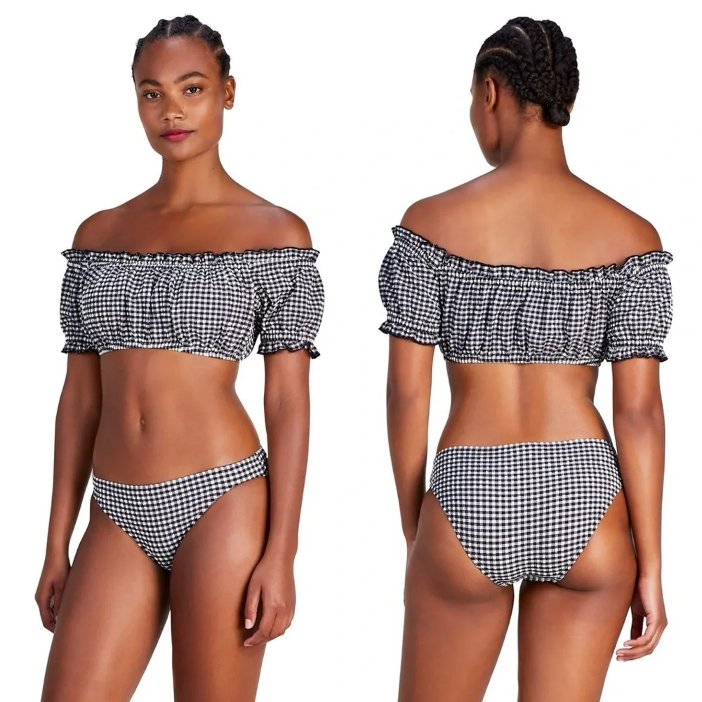 NWT Kate Spade Off The Shoulder Bikini Top Gingham Black White Padded Bandeau M - Picture 1 of 10